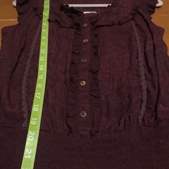 Short Sleeve Button-Down Lacy Blouse, Burgundy, M - Picture 8 of 8